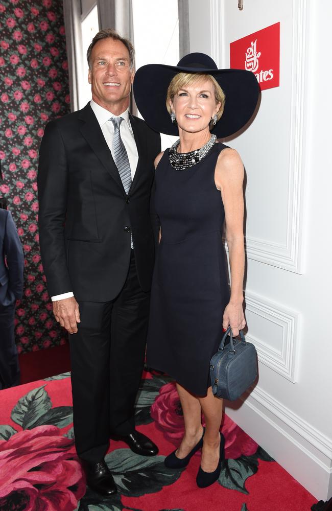 Foreign Affairs minister Julie Bishop and David Panton in the Birdcage on Melbourne Cup Day in Flemington Tuesday Nov. 3, 2015. The Victoria Derby Day is part of Melbourne’s spring racing carnival. (AAP Image/Tracey Nearmy)