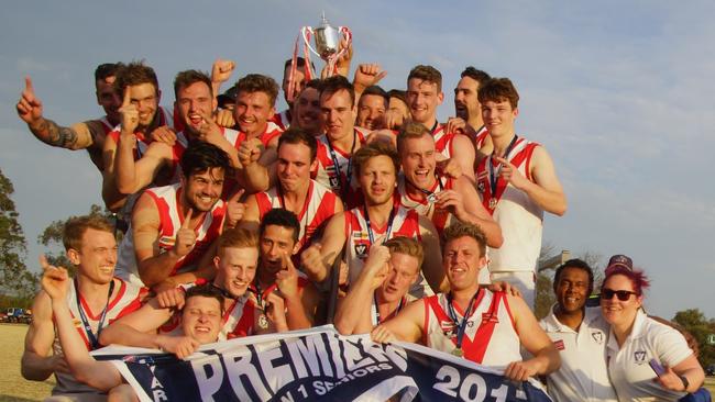 Olinda Ferny Creek celebrates its grand final win last year. Picture: Robyn Kuys