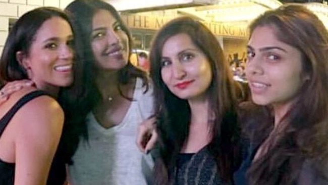 Meghan Markle and her BFF Priyanka Chopra, left, with other friends. Picture: Twitter