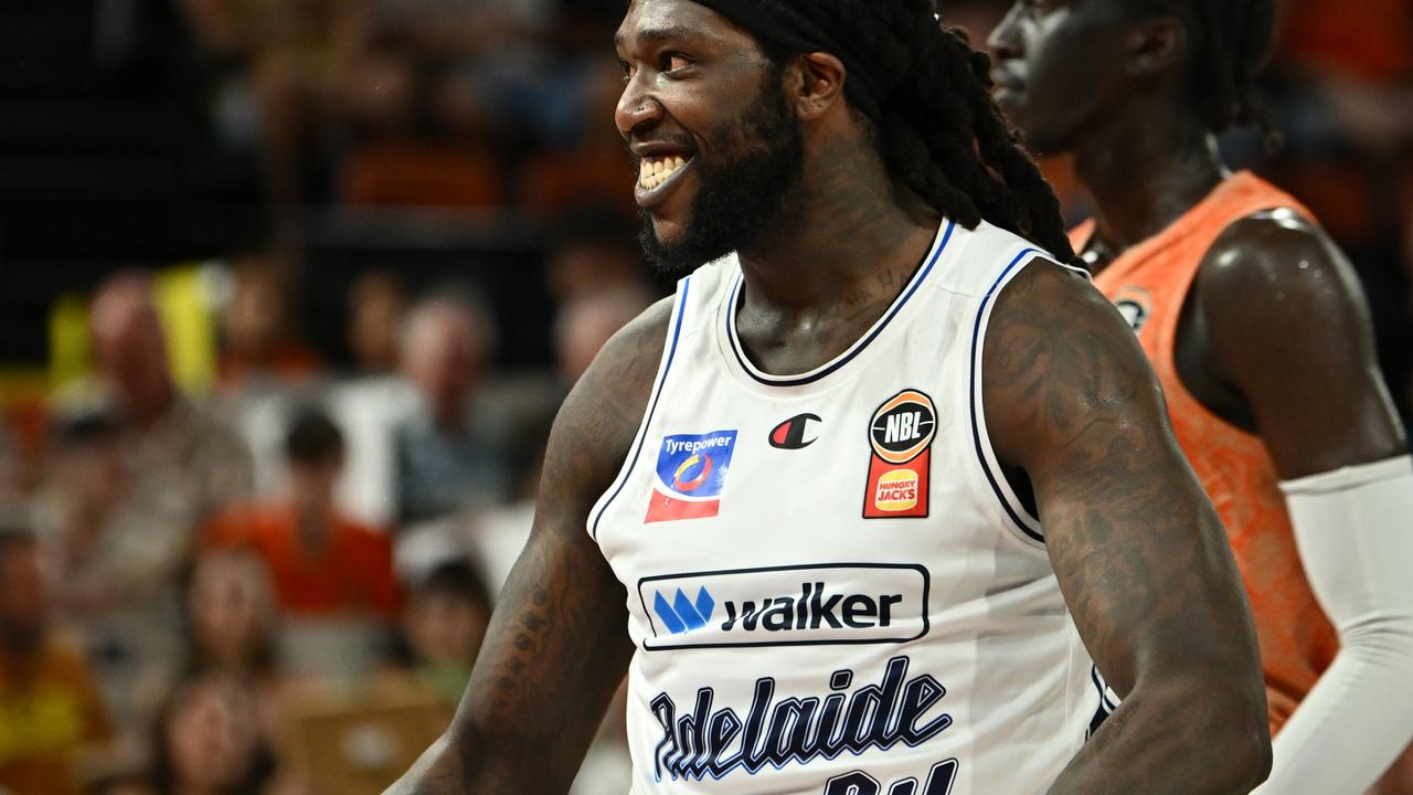 CAIRNS, AUSTRALIA - SEPTEMBER 28: Montrezl Harrell of the 36ers reacts during the round two NBL match between Cairns Taipans and Adelaide 36ers at Cairns Convention Centre, on September 28, 2024, in Cairns, Australia. (Photo by Emily Barker/Getty Images)