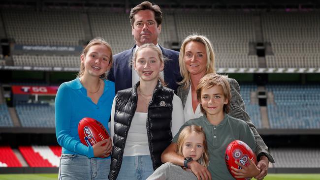 McLachlan with children Sydney, Edie, Cleo, Luna and wife Laura after announcing he will step down from his role at the end of the season. Picture: Michael Willson/AFL Photos