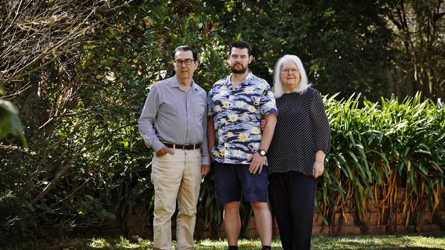 Former Corporal in the Australian Army Chris Moore with his dad Malcolm and mum Kathy. Picture: Sam Ruttyn