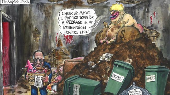 A controversial cartoon by Martin Rowson showing BBC chairman Richard Sharp. It was published in the UK's Guardian on April 29, 2023 and later deleted. Picture: Guardian