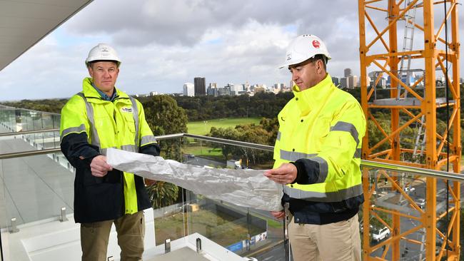 Site managers for Marshall &amp; Brougham Bryce Thompson and Ben Burns at Unley. Picture: Keryn Stevens/AAP