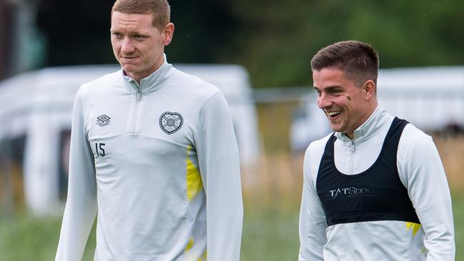 EDINBURGH, SCOTLAND - JULY 08: Nathaniel Atkinson (L), Kye Rowles and Cameron Devlin (R) during Hearts media access at the Oriam,  on July 28, 2022, in Edinburgh, Scotland.  (Photo by Ross Parker/SNS Group via Getty Images)