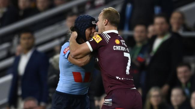 The push and shove sparked the drama. Picture: NRL Photos/Gregg Porteous