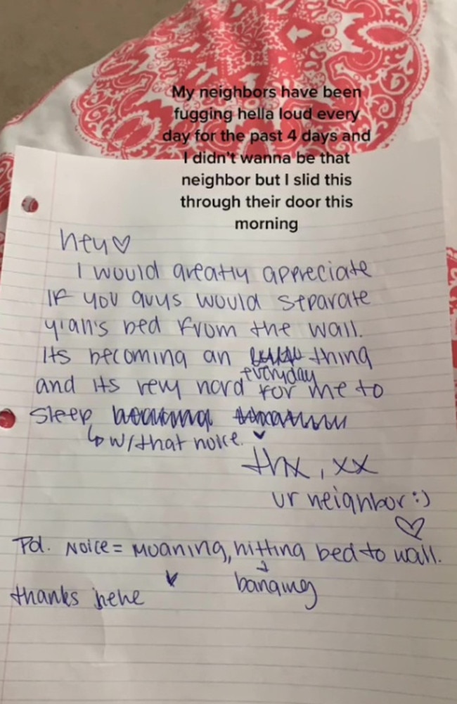 A woman sent her neighbours a handwritten note about their loud sex noises. Picture: TikTok