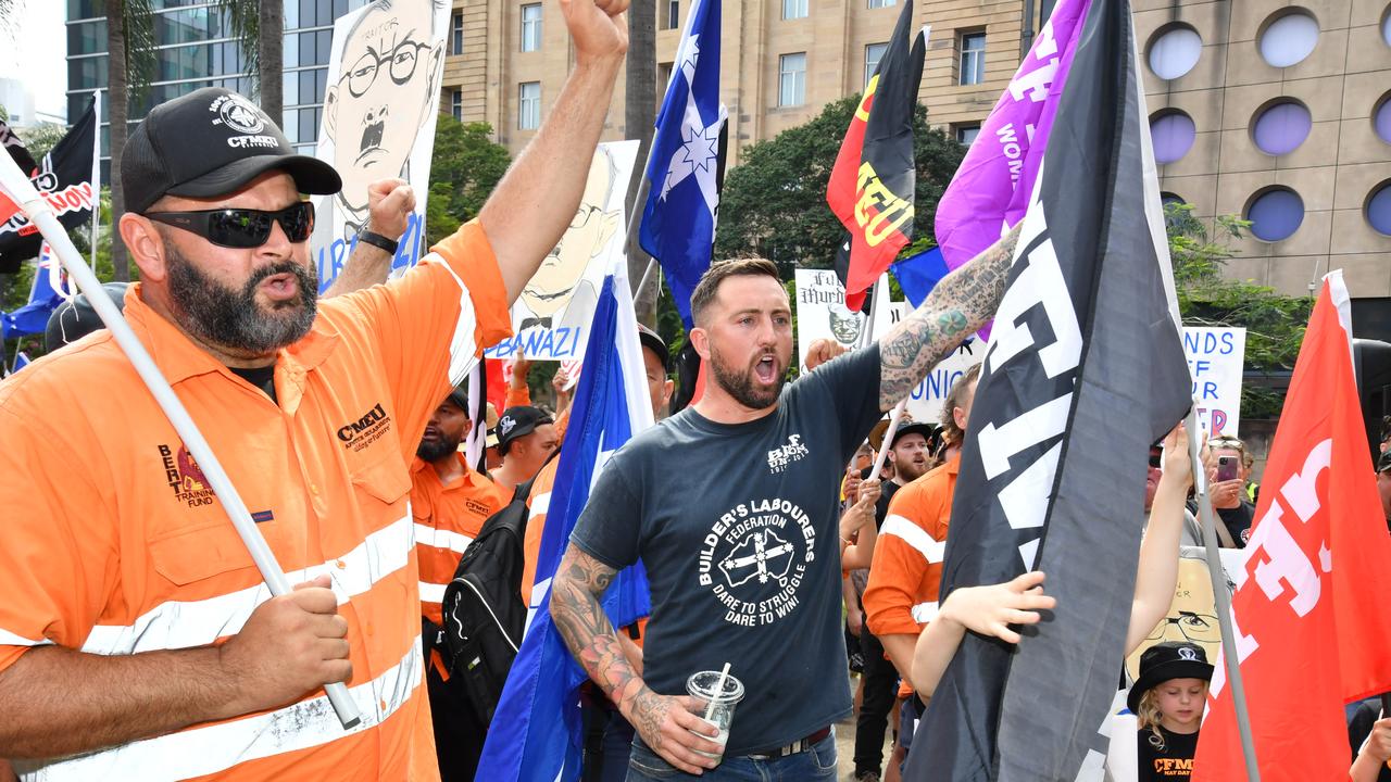 Offices in central Brisbane were locked down as demonstrations got underway. Picture: NewsWire / John Gass