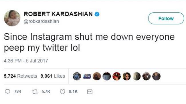 Rob Kardashian turned to Twitter when his Instagram was shut down. Picture: Robert Kardashian/Twitter