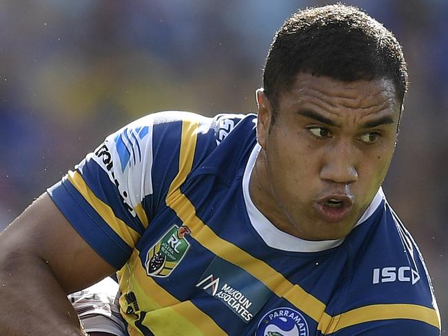 SYDNEY, AUSTRALIA - APRIL 22:  Peni Terepo of the Eels is tackled during the round seven NRL match between the Parramatta Eels and the Manly Sea Eagles at ANZ Stadium on April 22, 2018 in Sydney, Australia.  (Photo by Brett Hemmings/Getty Images)