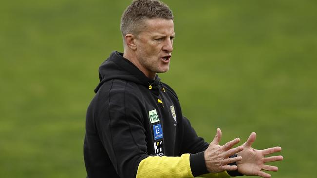 MELBOURNE, AUSTRALIA - AUGUST 18: Richmond senior coach, Damien Hardwick looks on during a Richmond Tigers AFL training session at Punt Road Oval on August 18, 2022 in Melbourne, Australia. (Photo by Darrian Traynor/Getty Images)