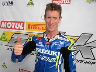 Melbourne rider Wayne Maxwell after winning the second race and finishing first overall at the Morgan Park round of the Motul Pirelli Australian Superbike Championships. Picture: Gerard Walsh