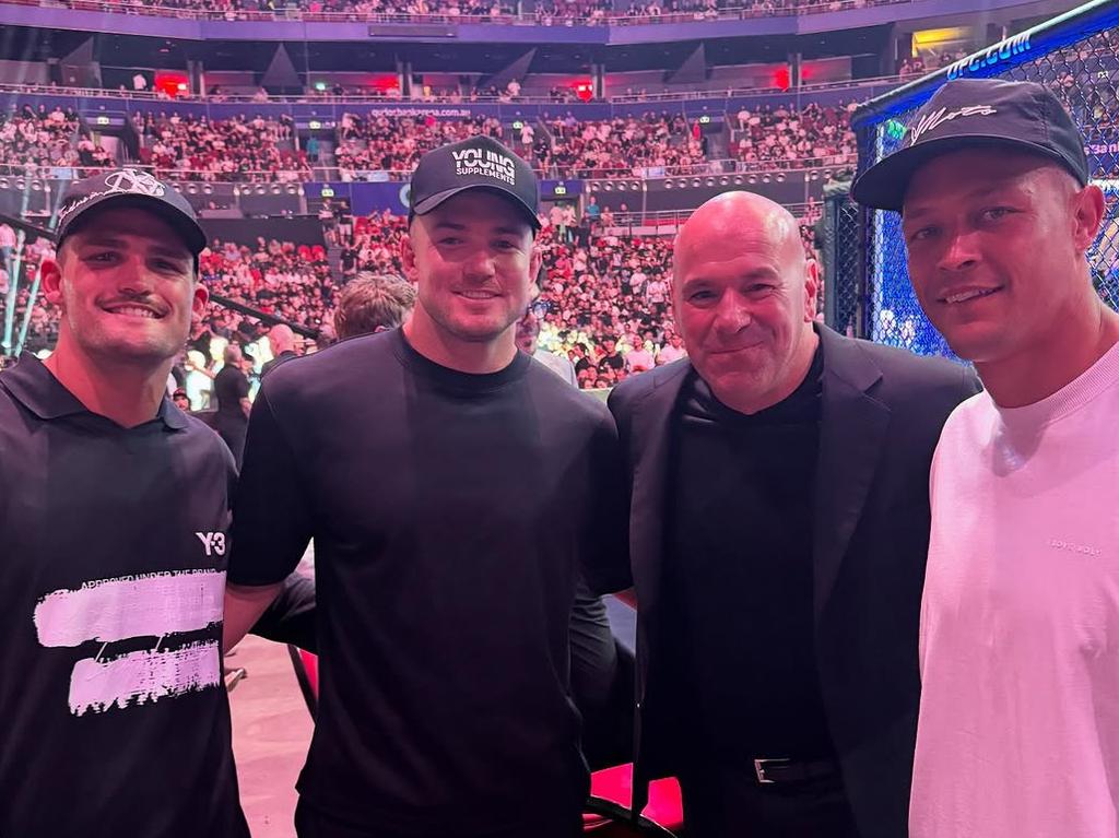 Nathan Cleary, Hudson Young and Scott Sorensen alongside Dana White at UFC 312. Picture: Instagram