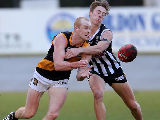 Ovens &  Murray FL, Round 12, Fraser Ellis, 36,   Wangaratta Magpies V  Kieran Ellis, 16,     Albury Tigers, at Wangaratta,  Picture Yuri Kouzmin