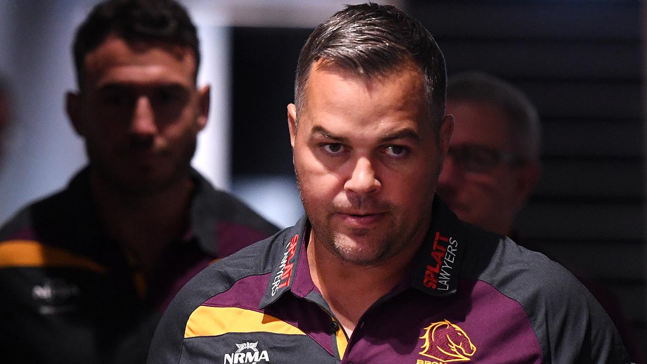Brisbane Broncos head coach Anthony Seibold and captain Darius Boyd in the background.