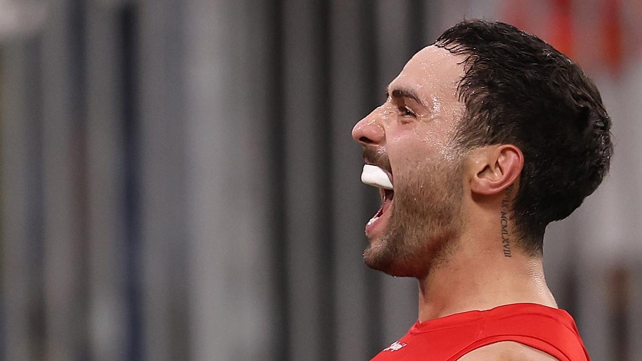 Gold Coast’s Izak Rankine celebrates a goal. Picture: Paul Kane/Getty Images