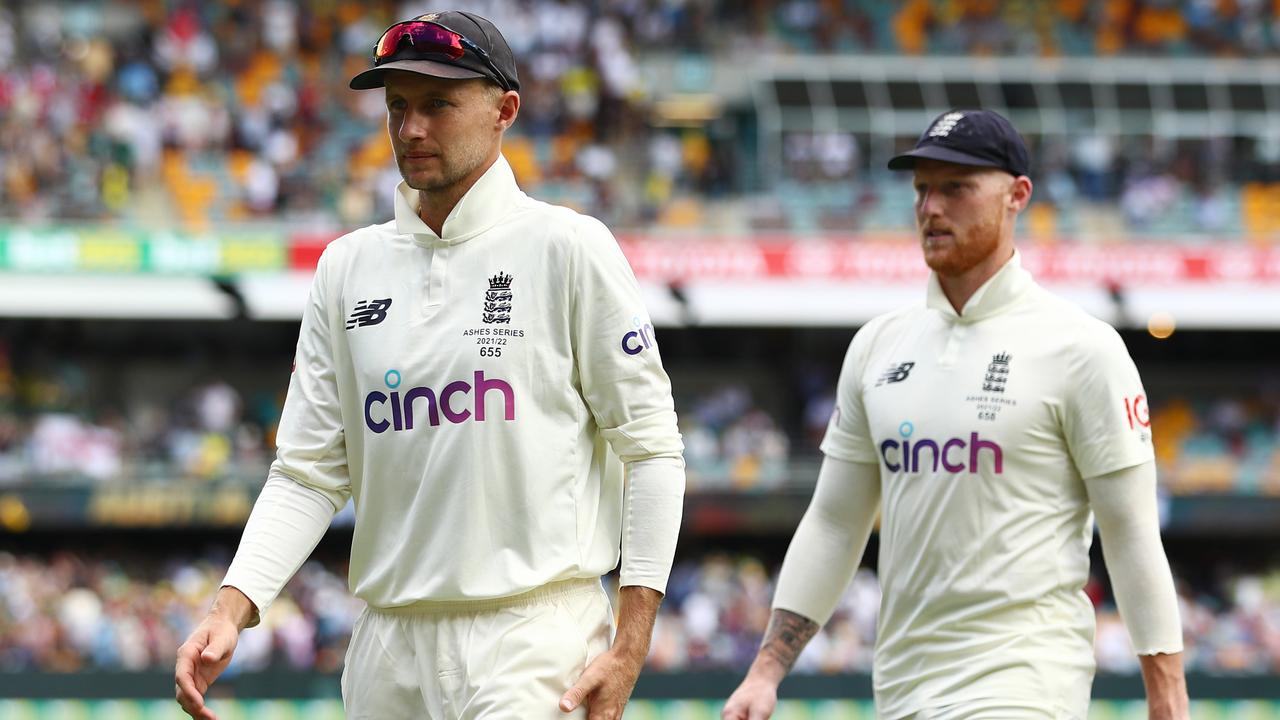 Joe Root leads his team off the Gabba after losing the opening Test. Picture: Getty Images