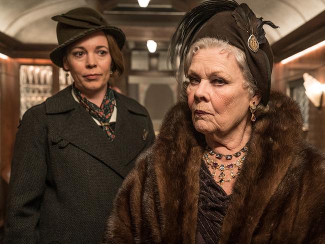 Dench as Princess Dragomiroff in Kenneth Branagh’s new take on Agatha Christie’s Murder on the Orient Express. Olivia Colman (left), plays her maid, Hildegarde. Picture: Twentieth Century Fox