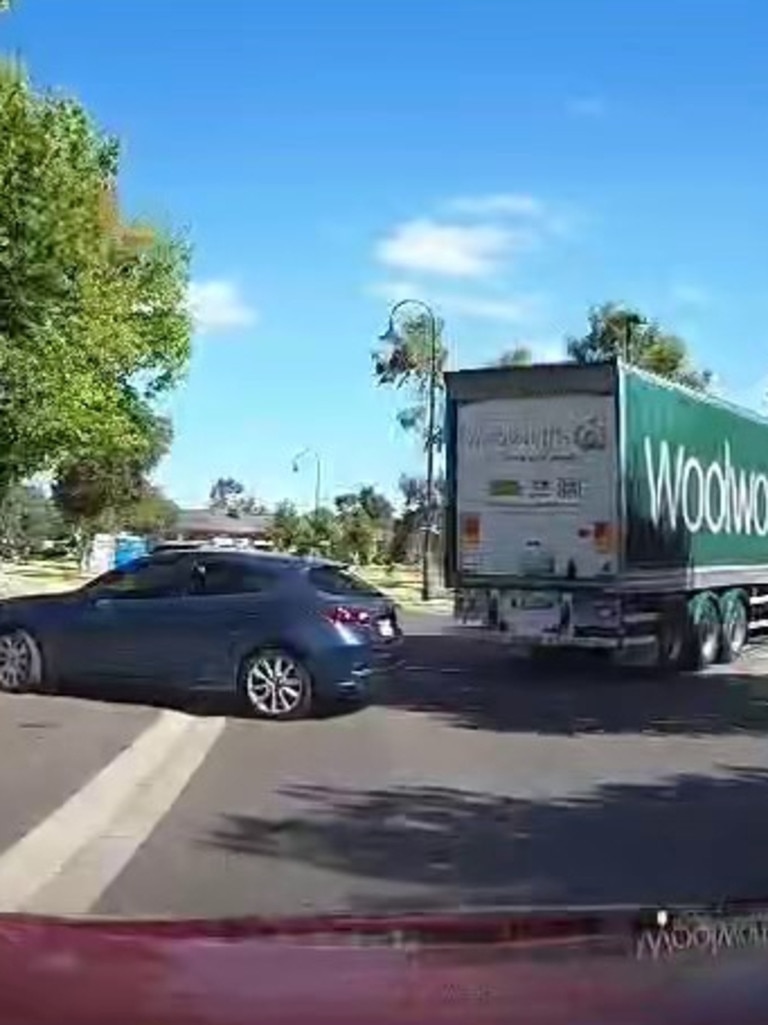 Dashcam footage from a witness captured the collision, showing the truck dragging the car into the middle of the road. Picture: Supplied