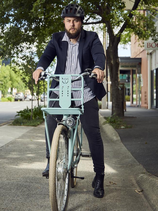 Cyclist Alan Karbowiak in the bike lane in Adelaide’s CBD. Picture: Matt Loxton