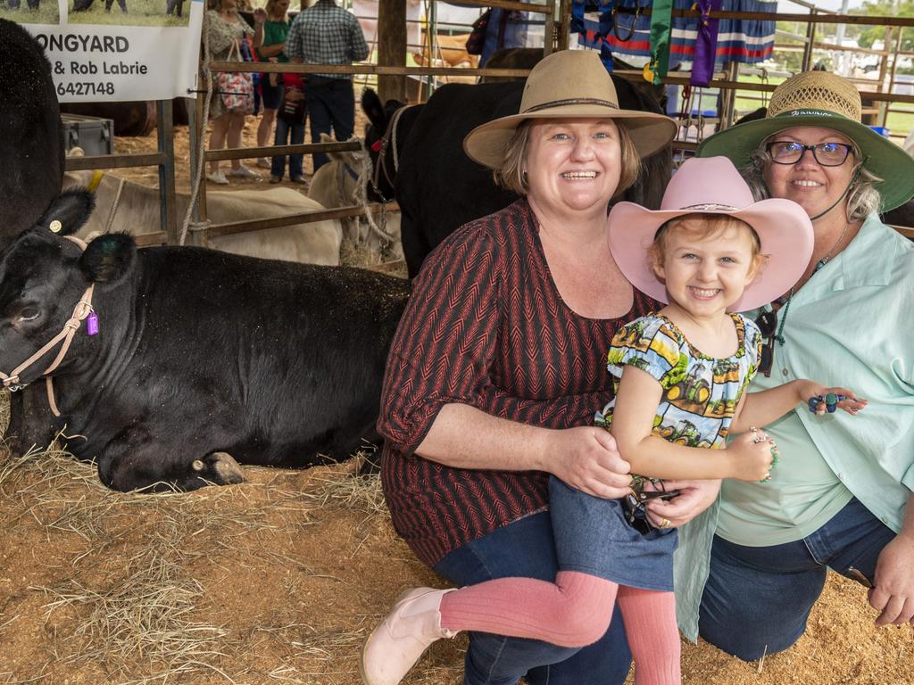 Bre LaBrie, Aliza LaBrie and Leigh Neuendorf at the Toowoomba Royal Show. Saturday, March 26, 2022. Picture: Nev Madsen.