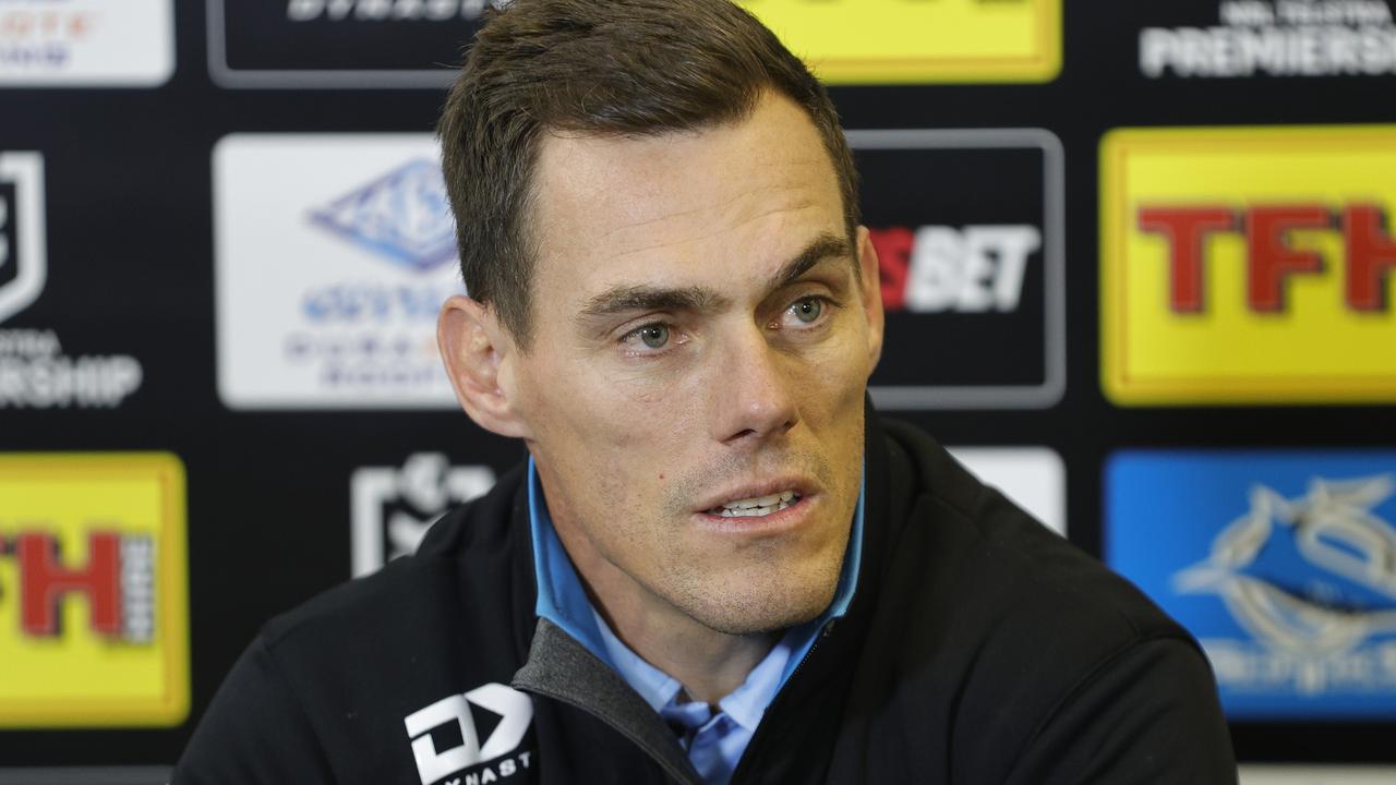 SYDNEY, AUSTRALIA - JULY 25: Sharks coach John Morris talks in the post match press conference after the round 11 NRL match between the Cronulla Sharks and the St George Illawarra Dragons at Netstrata Jubilee Stadium on July 25, 2020 in Sydney, Australia. (Photo by Mark Evans/Getty Images)