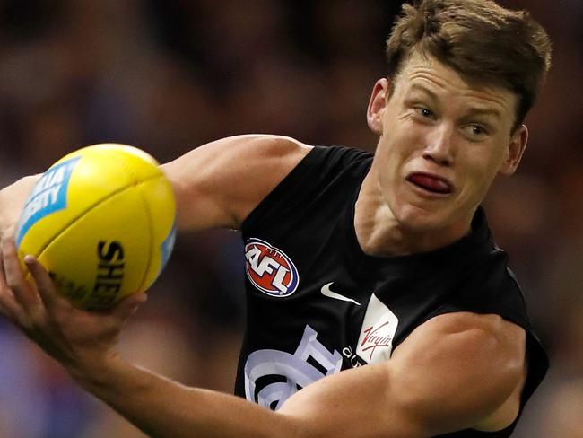 MELBOURNE, AUSTRALIA - APRIL 21: Sam Walsh of the Blues in action during the 2019 AFL round 05 match between the Western Bulldogs and the Carlton Blues at Marvel Stadium on April 21, 2019 in Melbourne, Australia. (Photo by Michael Willson/AFL Photos)