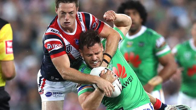 Roosters' Sam Verrills tackles Canberra's Aiden Sezer during the 2019 NRL Grand Final Picture. Phil Hillyard