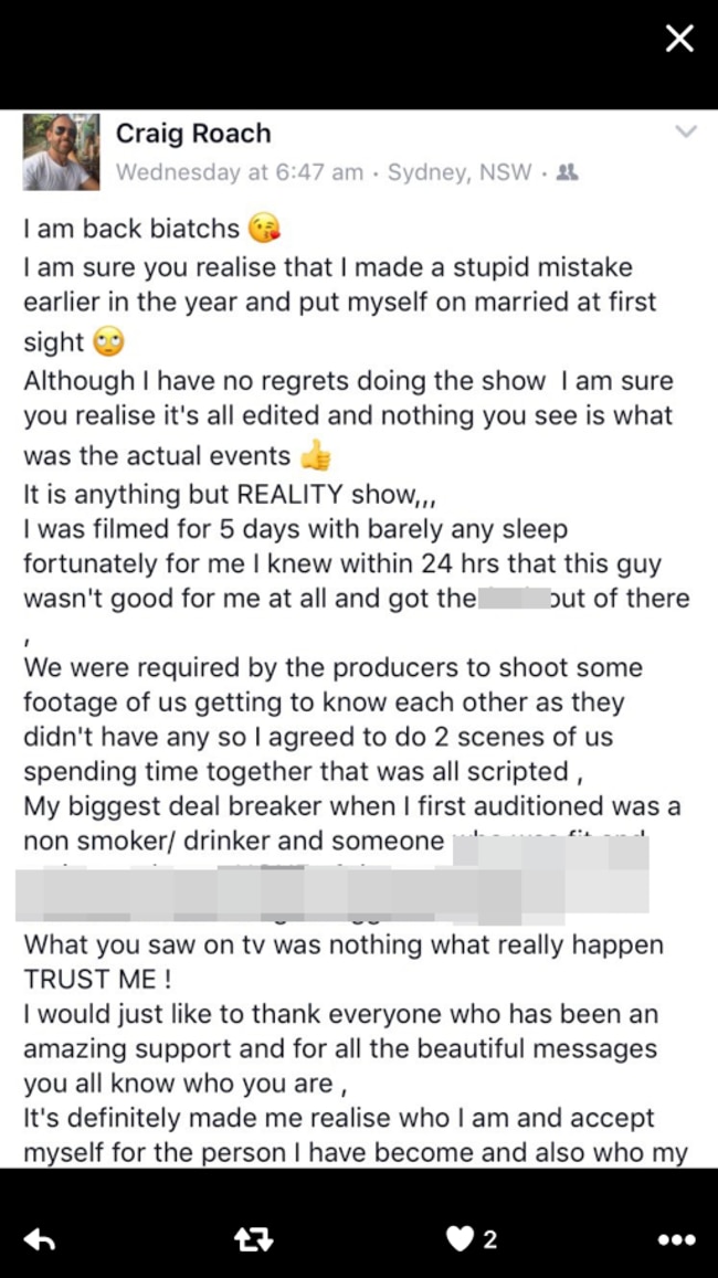 Craig Roach has dumped a bucket on Married at First Sight and says it’s anything but reality. Picture: Facebook.