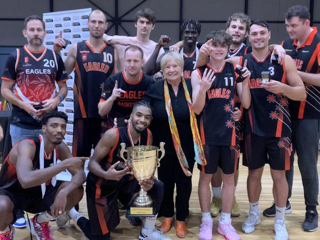 Eagles celebrate beating Tracy Village Jets in the 2020 DBA Final. Picture: Nathaniel Chambers