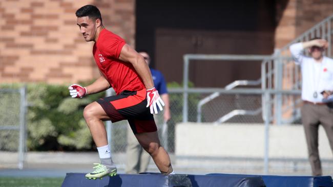 Valentine Holmes was put through his paces at an NFL combine in 2016. Picture: Nathan Edwards