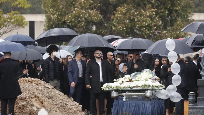 Pictured at Rookwood Cemetery is the funeral of Marina Morgan who was tragically killed while on her honeymoon with husband Robbie on Hamilton Island in the Whitsundays when the golf buggy they were in rolled. Picture: Sunday Telegraph