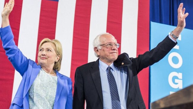 Hillary Clinton and Bernie Sanders at a rally in 2016.