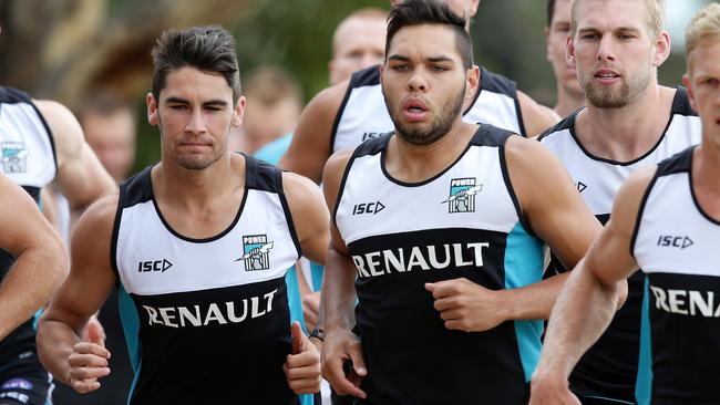 Chad Wingard and Jarman Impey at Port Adelaide training. Picture: Sarah Reed