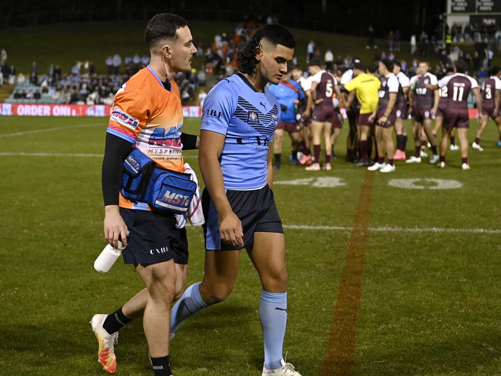 Jesse McLean leaves the field after a brutal head knock. Picture: NRL Photos/Gregg Porteous