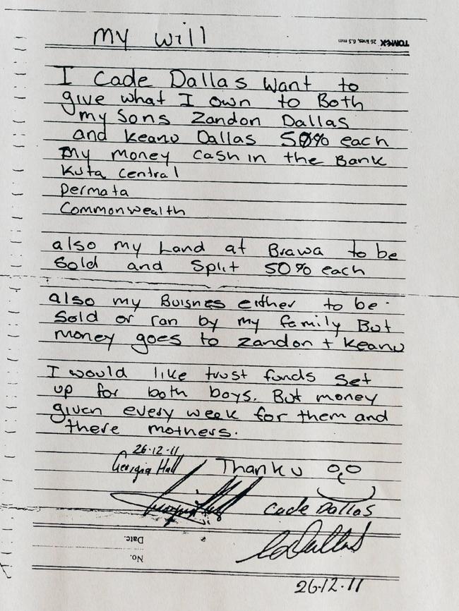 Bra Boy Cade Dallas’ handwritten will. Source: Supreme Court.