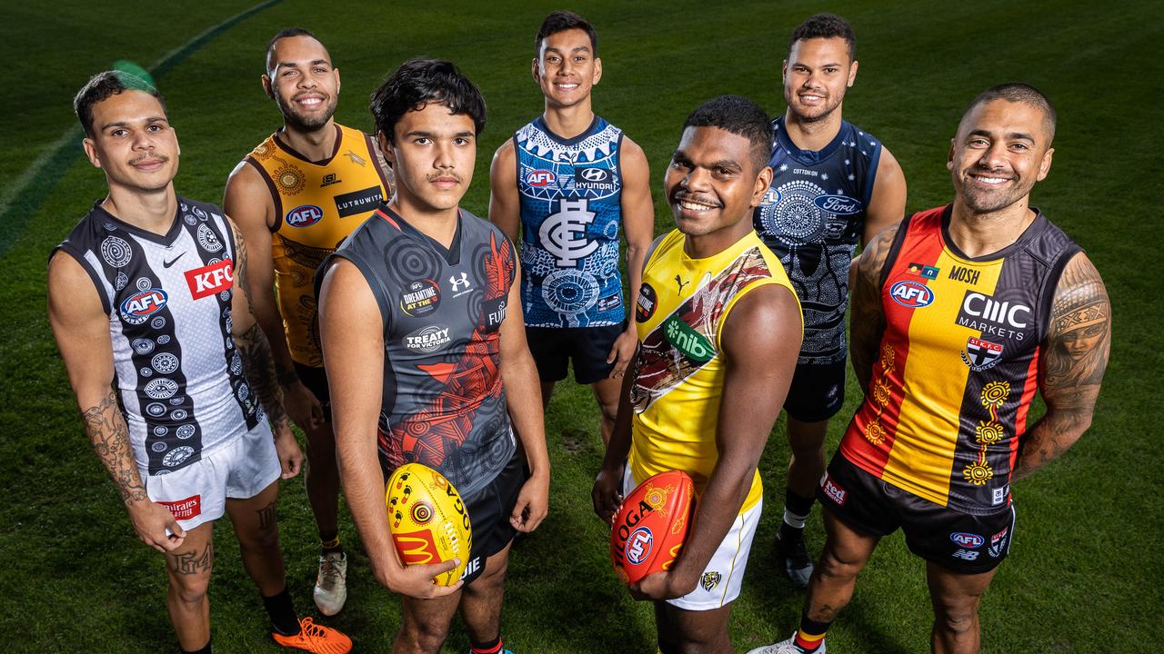 First Nations players in their Sir Doug Nicholls Round guernseys (from left) Bobby Hill, Jarman Impey, Jayden Davey, Jesse Motlop, Maurice Rioli, Brandon Parfitt and Brad Hill. Picture: Jake Nowakowski