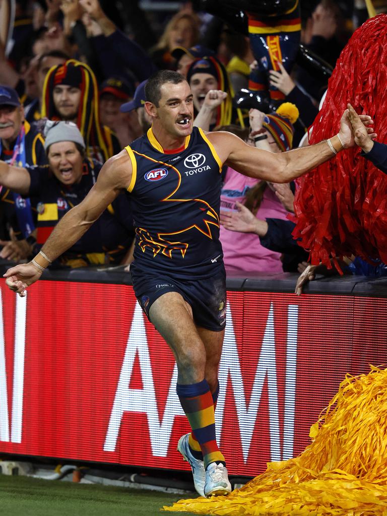 Adelaide's Taylor Walker celebrates kicking a goal during the AFL Gather Round match between the Adelaide Crows and Carlton Blues at the Adelaide Oval on April 13, 2023. Picture: Phil Hillyard