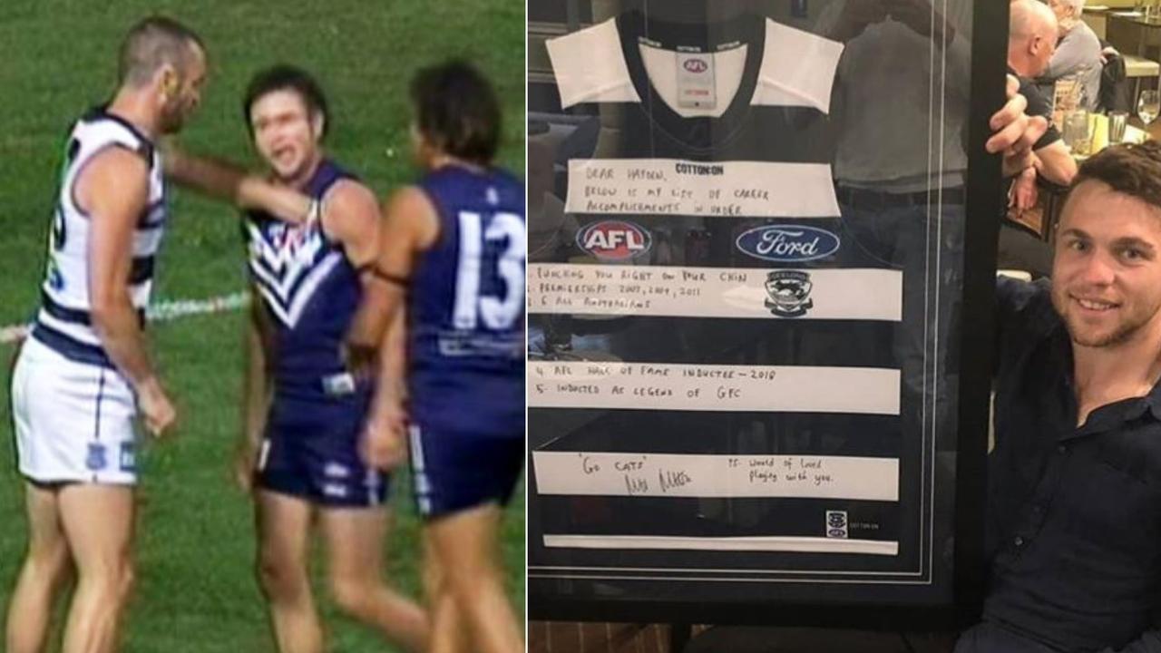 Hayden Ballantyne received a cheeky present from Matthew Scarlett — seven years after that punch.