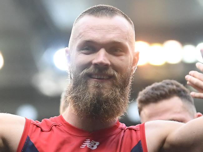 Max Gawn of the Demons reacts after the Round 14 AFL match between the Melbourne Demons and the Fremantle Dockers at the MCG in Melbourne, Saturday, June 22, 2019.  (AAP Image/Julian Smith) NO ARCHIVING, EDITORIAL USE ONLY