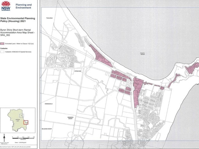 Some areas of Byron Bay, shaded in purple, will be exempt from any rental caps. Local independent publication The Echo dubbed the change a ‘quiet revolution’.