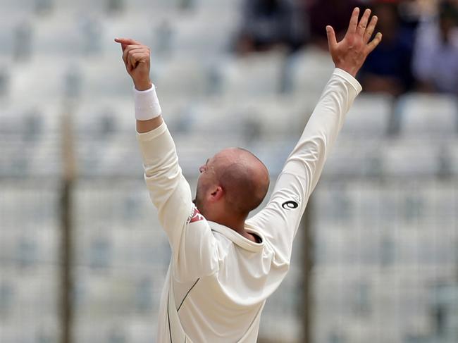 Australia's Nathan Lyon unsuccessfully makes an appeal during the second day of their second test cricket match against Bangladesh in Chittagong, Bangladesh, Tuesday, Sept. 5, 2017. (AP Photo/A.M. Ahad)