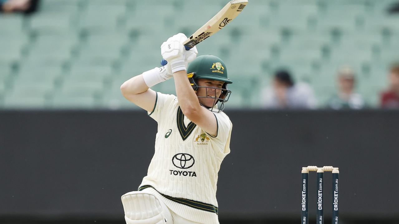 Marcus Harris drives on his way to a team-high 74 for Australia A against India A at the MCG on Friday. Picture: Darrian Traynor / Getty Images