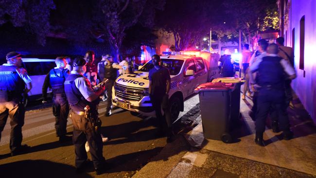 Police continued to patrol the surrounding streets after the party was shut down and several other arrests were made. Picture: Gordon McComiskie