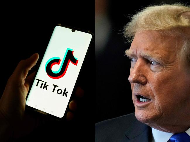 (COMBO) This combination of pictures created on June 2, 2024 shows a man holding a smartphone displaying the logo of Chinese social media platform Tiktok in an office in Paris on April 19, 2024 and former US President and Republican presidential candidate Donald Trump speaking to the media as he arrives for his criminal trial at Manhattan Criminal Court in New York City on May 30, 2024. US President-elect Donald Trump filed a brief on December 27, 2024 urging the Supreme Court to pause a law that would ban TikTok the day before his January 20 inauguration if it is not sold by its Chinese owner ByteDance. (Photo by Antonin UTZ and Seth Wenig / various sources / AFP)