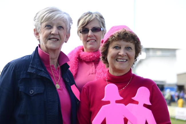 Vicki Doherty (left), Janette Nethercott and Maree Davis were in the pink at the NRRRL round 15 match between the Grafton Ghosts and Kyogle Turkey's at McGuren Park on Sunday. Photo Debrah Novak / The Daily Examiner 2013