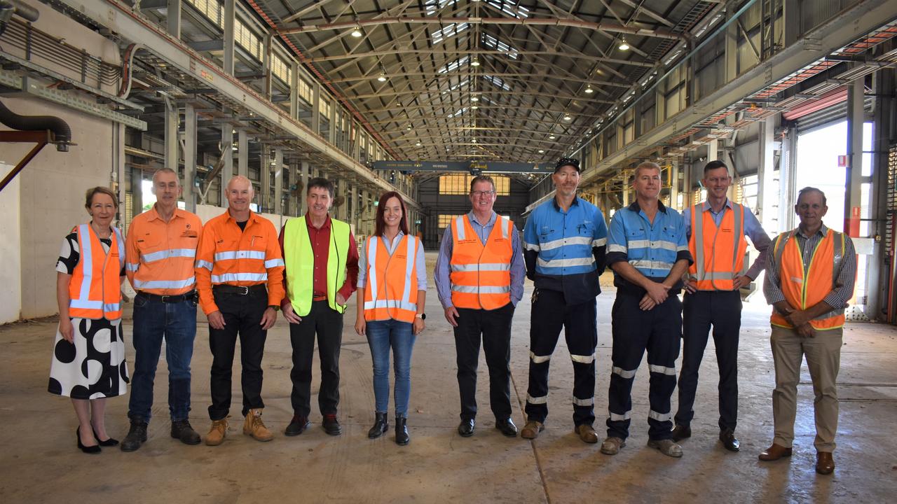 Minister Di Farmer, Colin Cole, CQUni, Scott Cornish, Queensland Rail, Keppel MP Brittany Lauga, Rockhampton MP Barry O'Rourke, Steven and Nathan Trevor, CQ Fibreglass Direct at the Rockhampton Railyards on June 1.