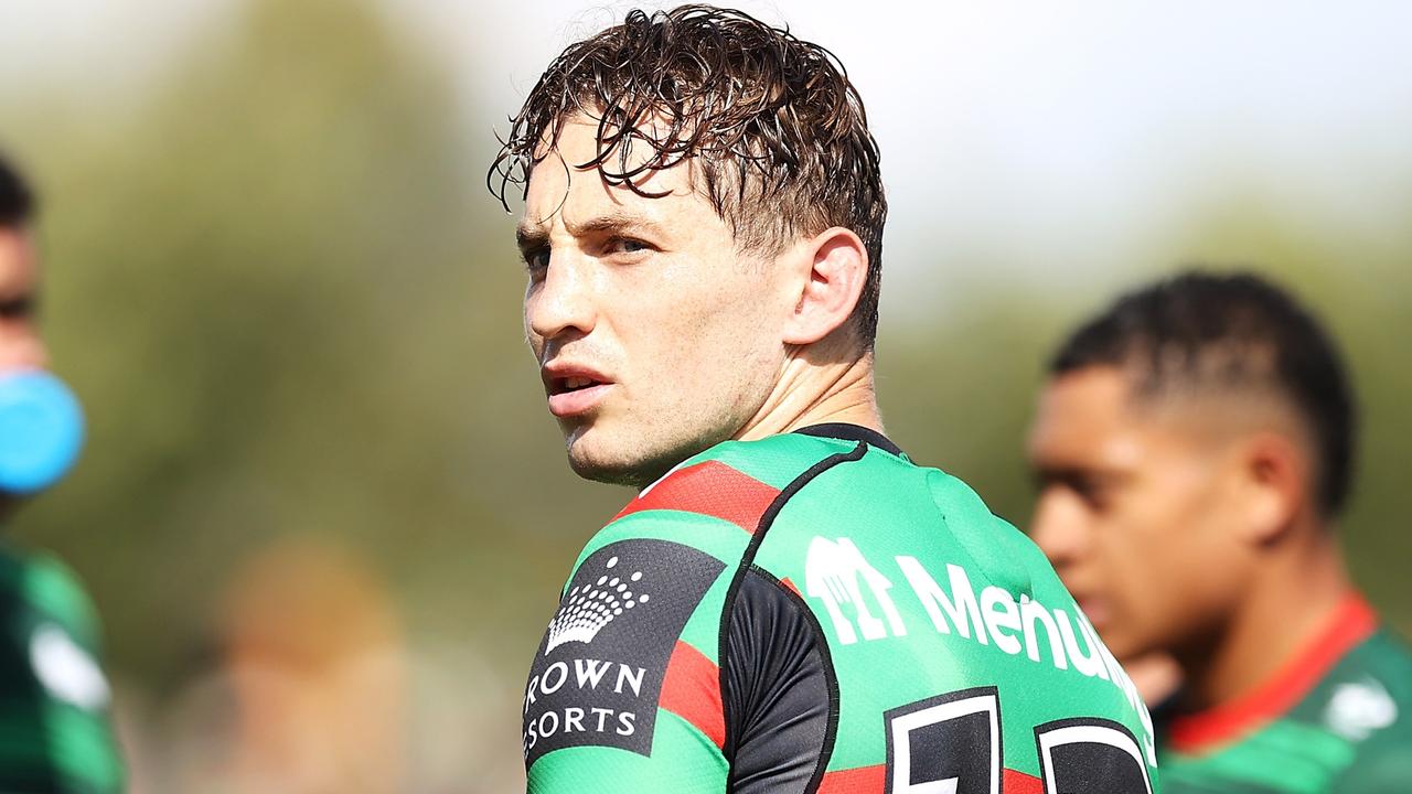 MUDGEE, AUSTRALIA - FEBRUARY 18: Cameron Murray of the Rabbitohs watches onÃ&#130;Â during the warm-up before the NRL Trial and Charity Shield match between St George Illawarra Dragons and South Sydney Rabbitohs at Glen Willow Sporting Complex on February 18, 2023 in Mudgee, Australia. (Photo by Mark Kolbe/Getty Images)
