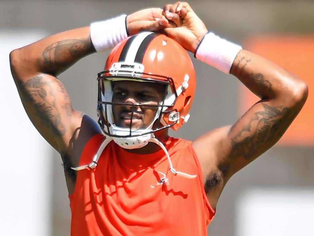 Deshaun Watson rests after running a drill during a Cleveland Browns training camp. Picture: Nick Cammett/Getty Images/AFP