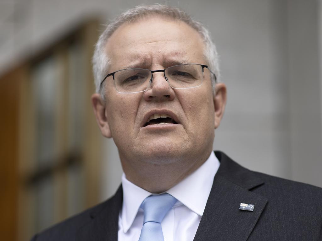 Scott Morrison makes his first appearance since spending 14 days in quarantine.Picture: NCA NewsWire / Gary Ramage